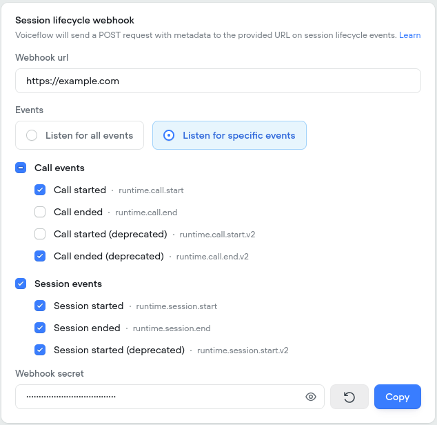 The session lifecycle webhook settings, showing the webhook URL, the event selection checklist grouped into call events and session events, and the webhook secret