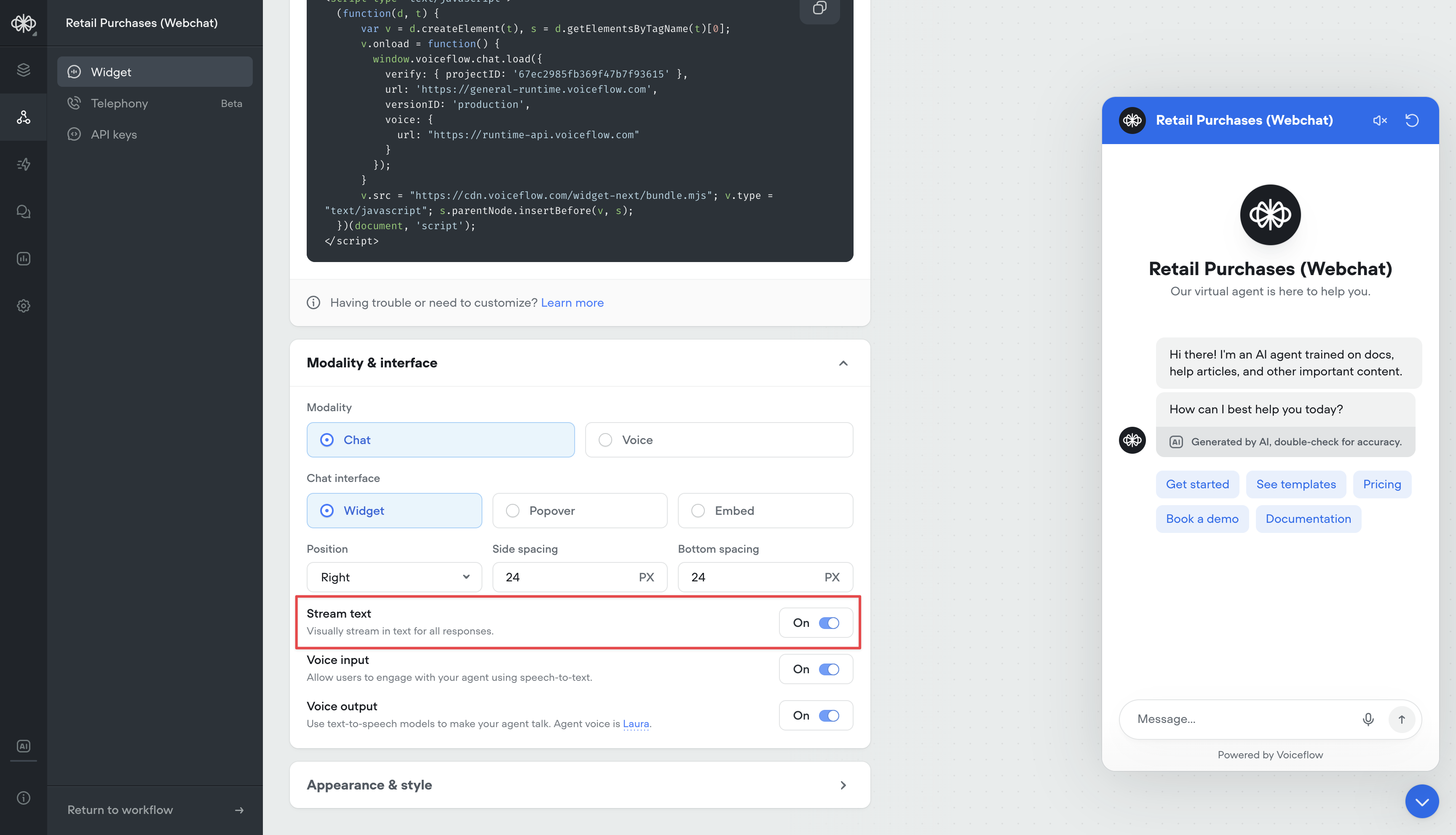 Streaming Text in Chat Widget Now Optional