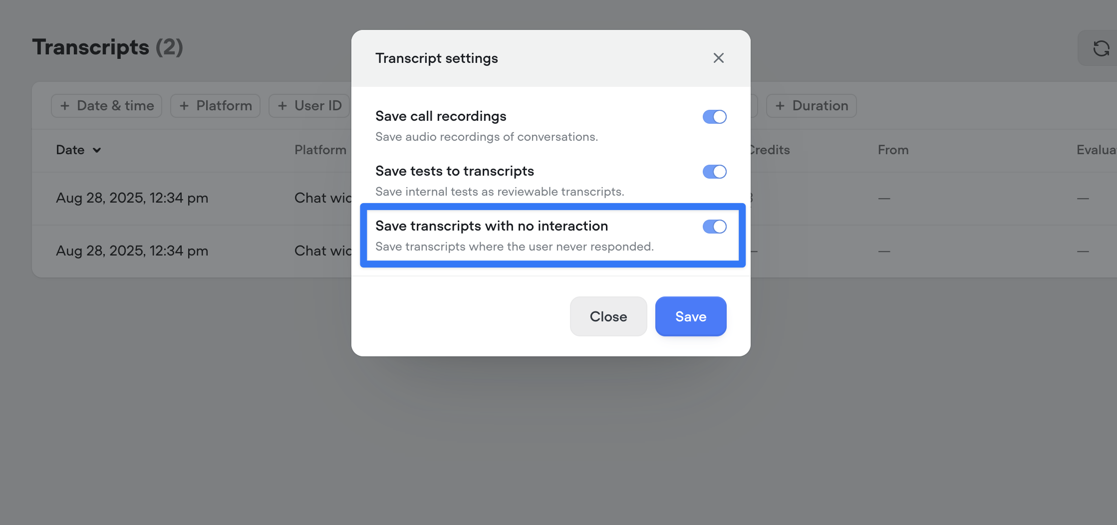 Control saving of empty transcripts