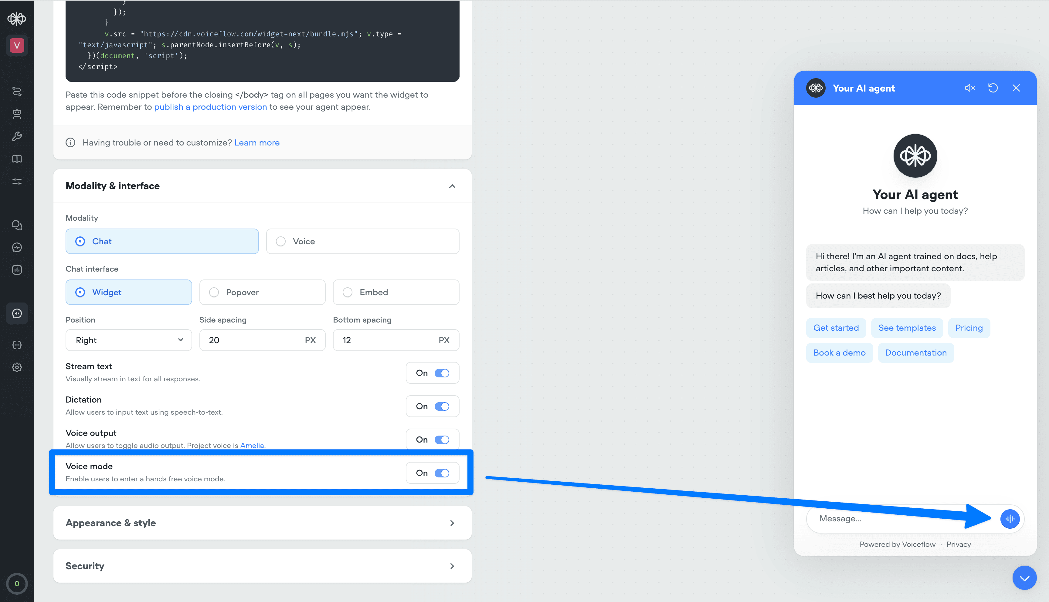 Voice mode in web widget