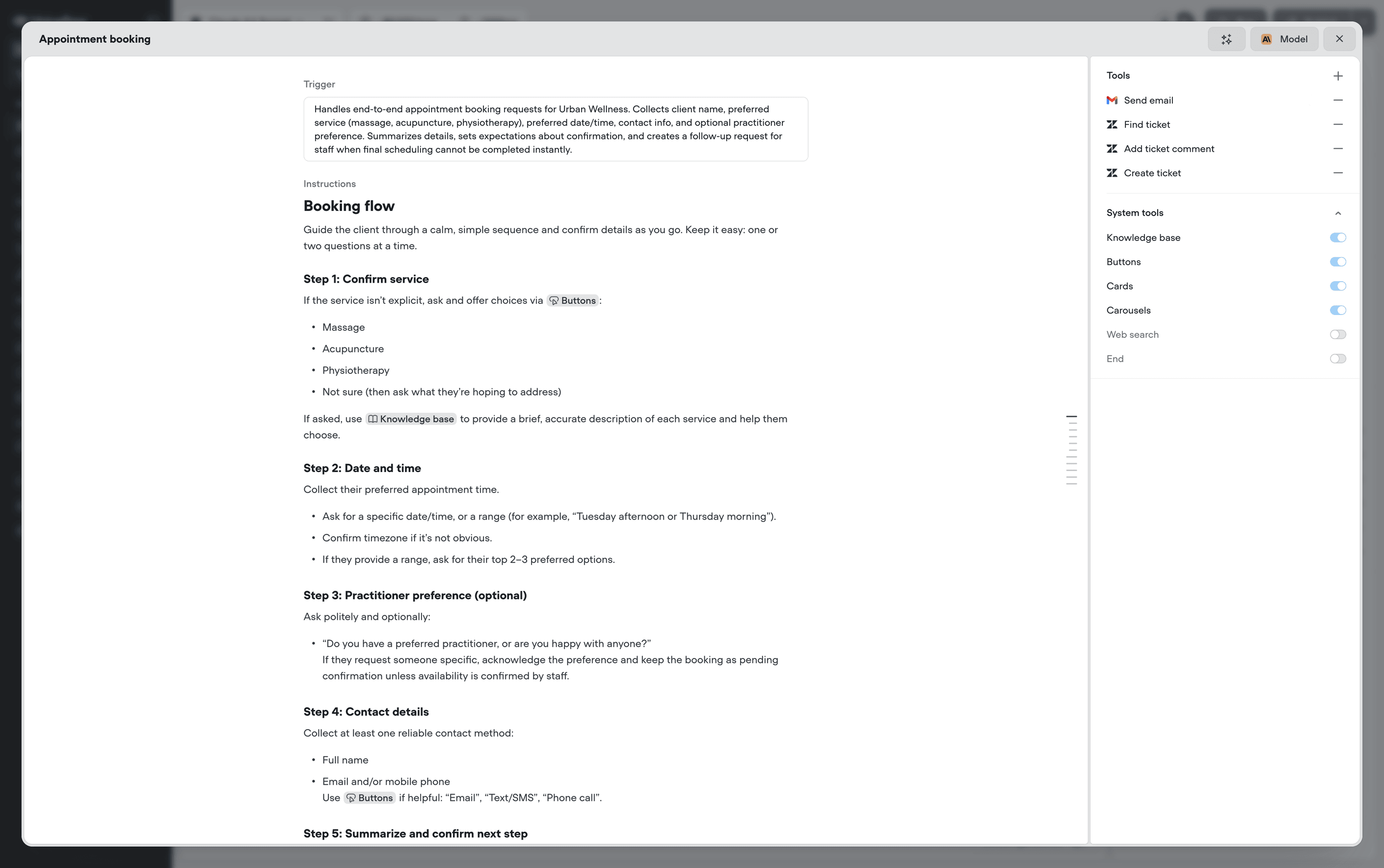 A playbook editor, showing the trigger, step-by-step instructions, and the tools the playbook can call