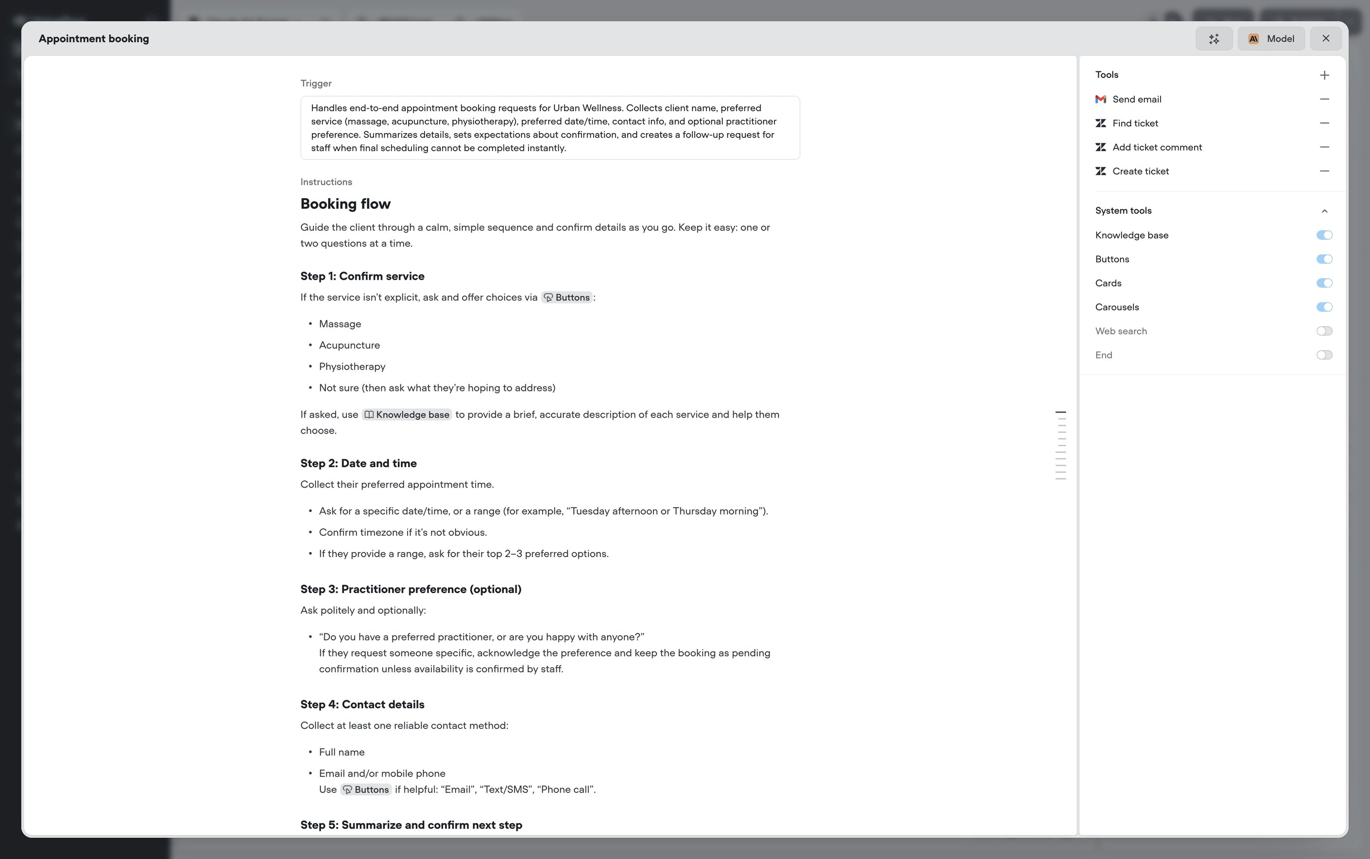 A playbook editor, showing the trigger, step-by-step instructions, and the tools the playbook can call