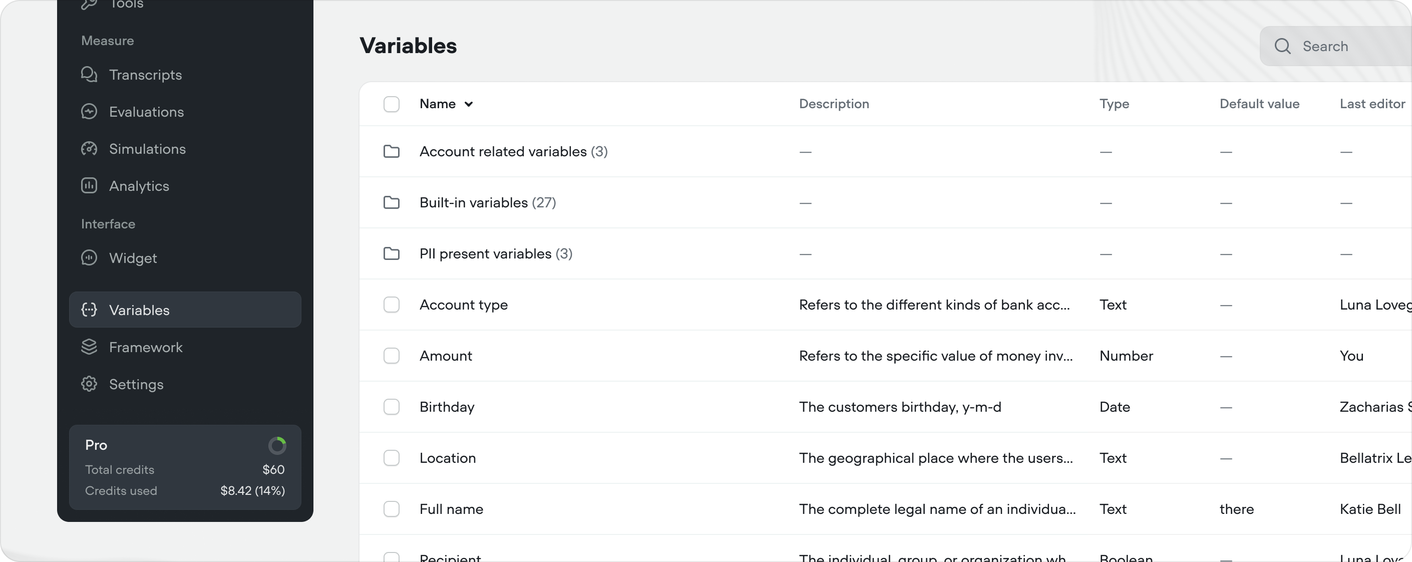 Variables Table Docs