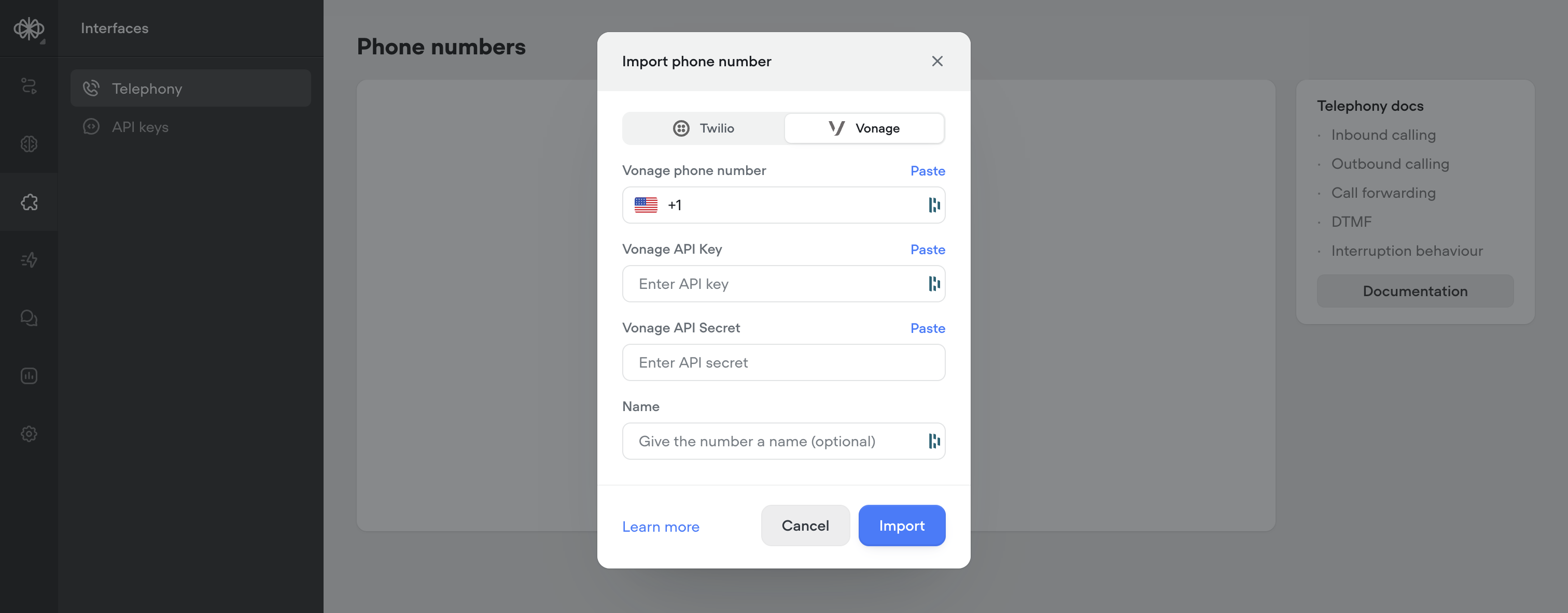 Vonage integration for telephony