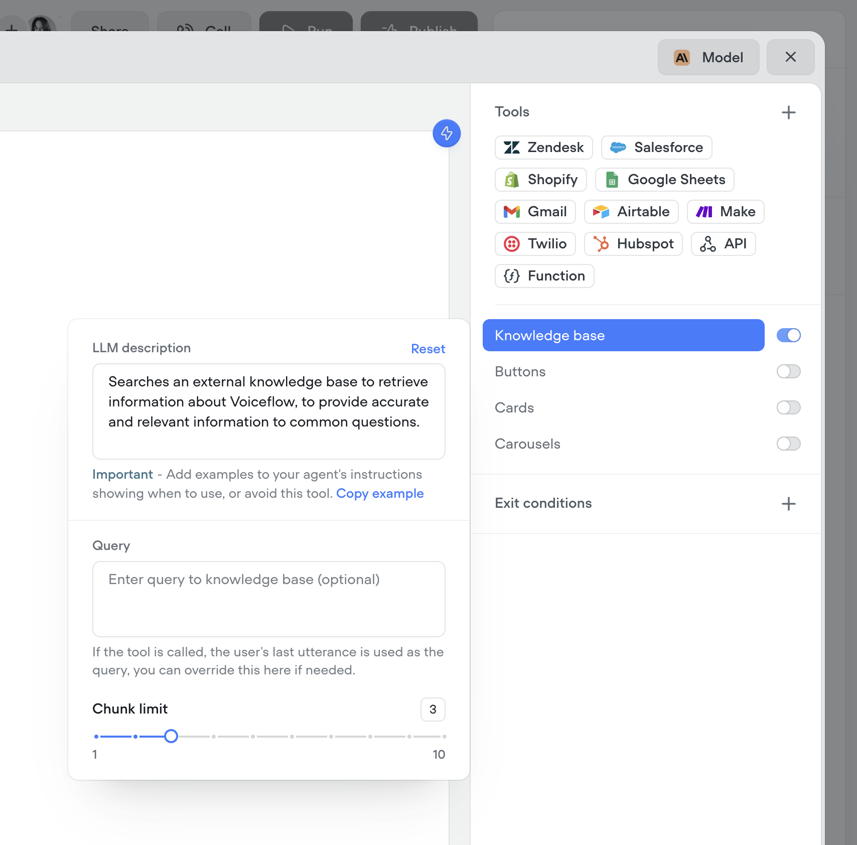 Custom query control & chunk limit for knowledge base tool