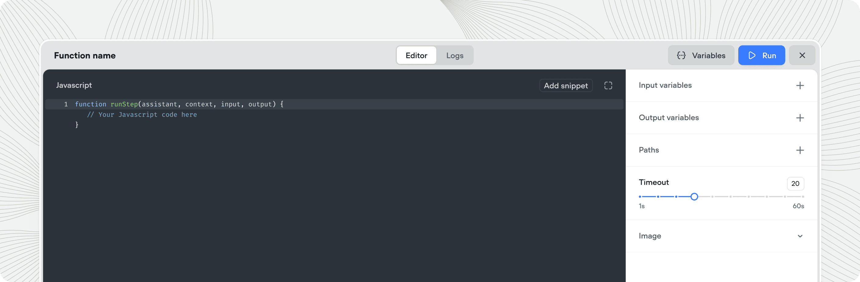 The Function tool configuration panel in the Voiceflow editor