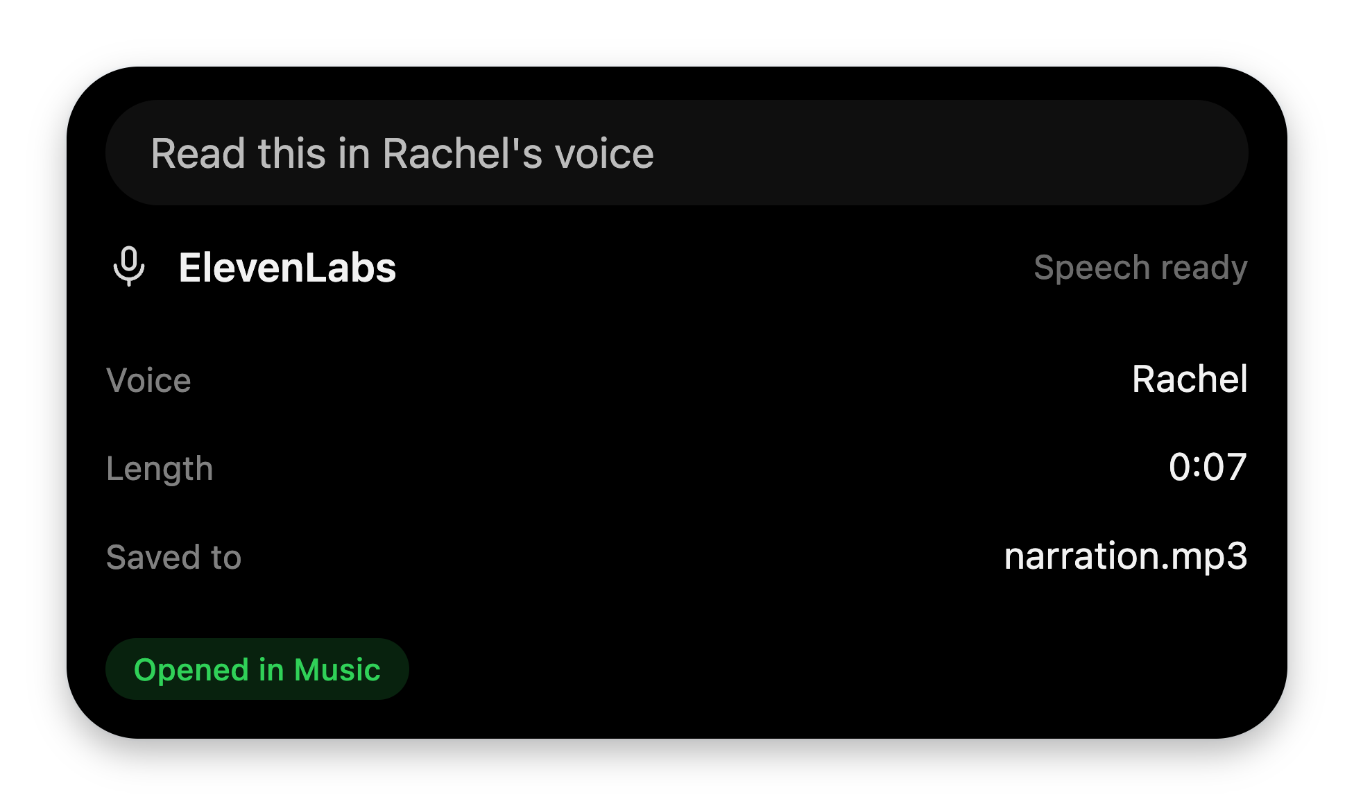 The VoiceOS notch showing the prompt 'Read this in Rachel's voice' and an ElevenLabs result card: Voice Rachel, Length 0:07, Saved to narration.mp3, with a green 'Opened in Music' badge.