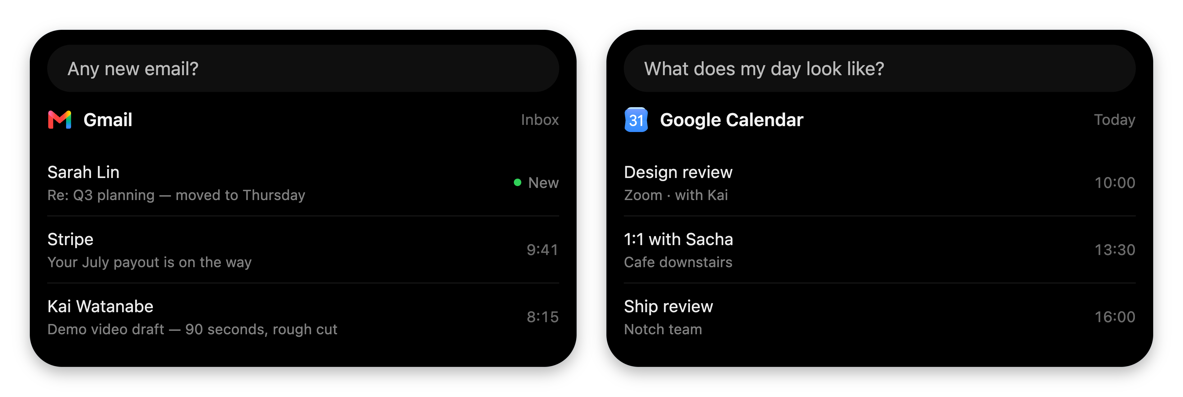 Two VoiceOS notch cards side by side: a Gmail inbox card listing three emails with a green New badge, and a Google Calendar card listing the day's three events with times.