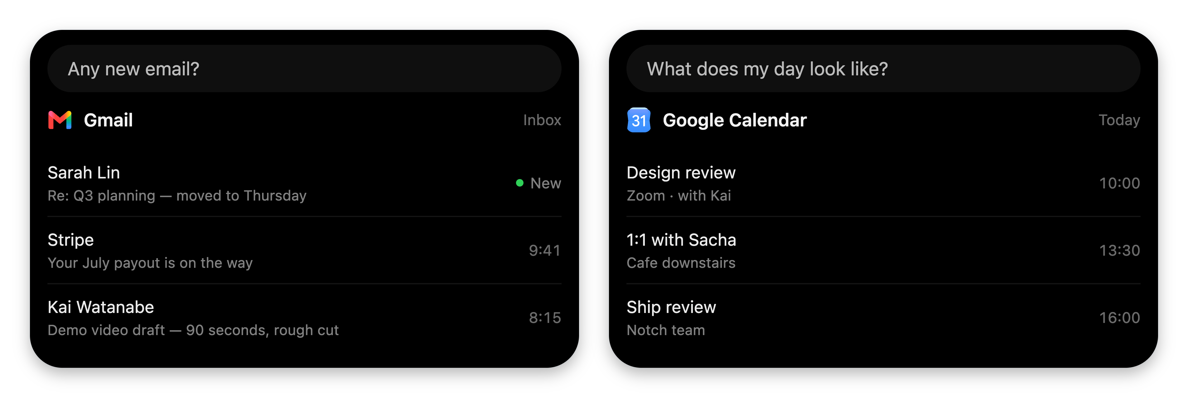 Two VoiceOS notch cards side by side: a Gmail inbox card listing three emails with a green New badge, and a Google Calendar card listing the day's three events with times.