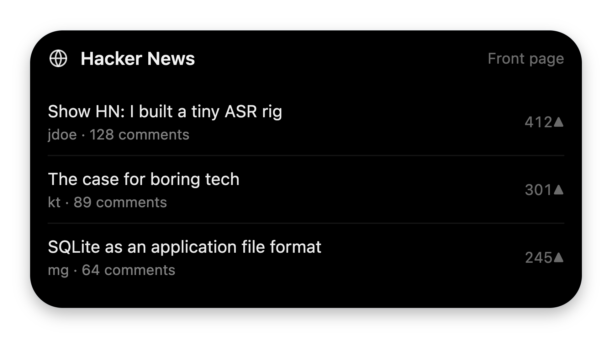 A Hacker News card in the notch: globe icon, 'Front page' trailing label, and three story rows with authors, comment counts, and point scores.