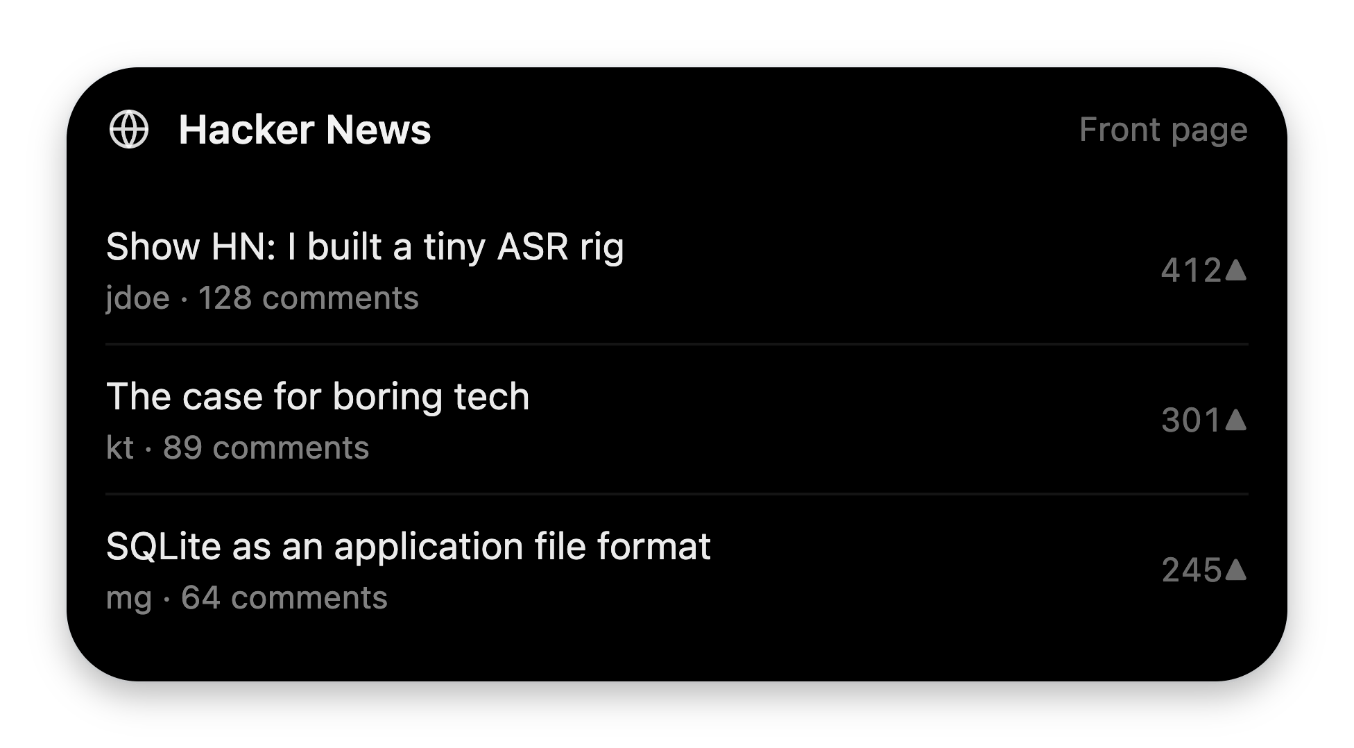 A Hacker News notch card with a globe icon, 'Front page' trailing label, and three story rows with authors, comment counts, and point scores.