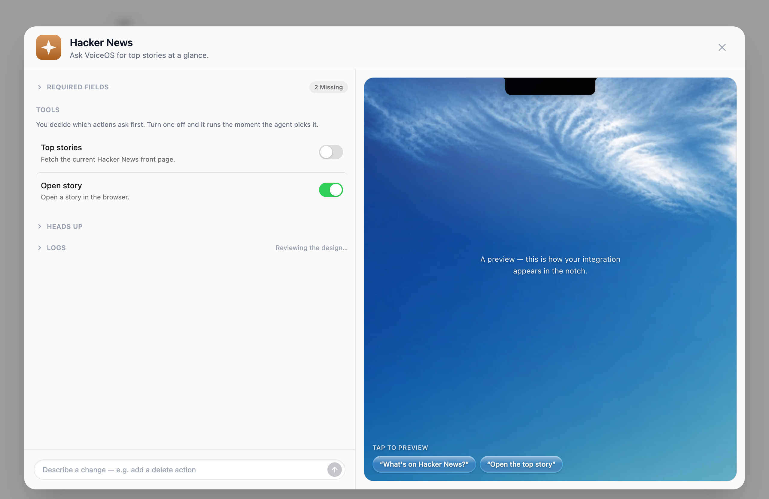 The Studio build view for a generated Hacker News integration: Required fields marked 2 Missing, Tools with per-action 'asks first' toggles, logs reading 'Reviewing the design…', and a notch preview pane with tap-to-preview suggestions.