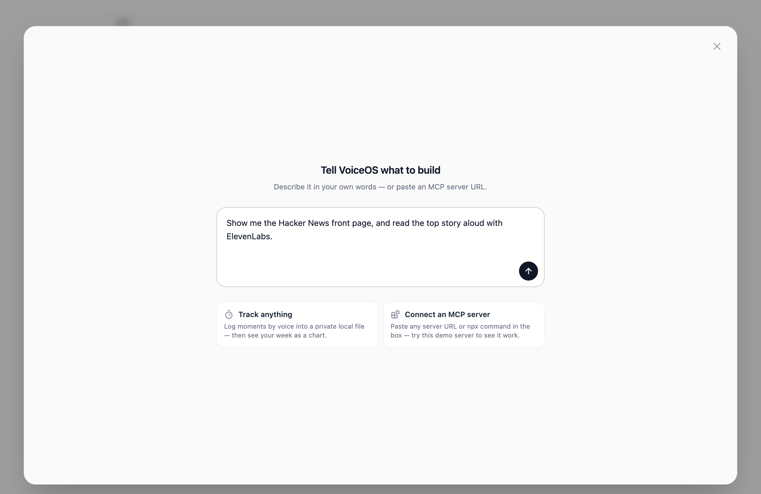The Studio composer titled 'Tell VoiceOS what to build' with the brief 'Show me the Hacker News front page, and read the top story aloud with ElevenLabs.' typed in, above two template cards.