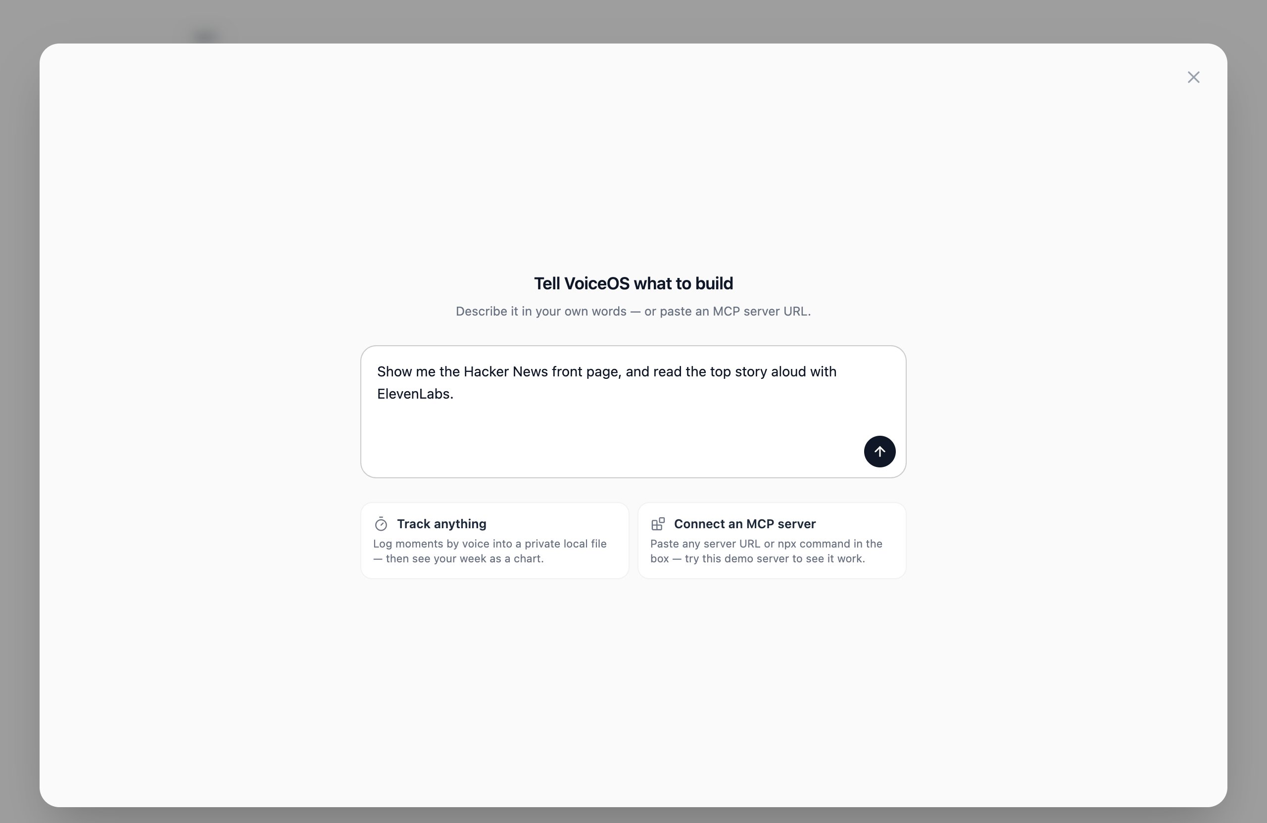 The Studio composer titled 'Tell VoiceOS what to build' with the brief 'Show me the Hacker News front page, and read the top story aloud with ElevenLabs.' typed in, above two template cards.