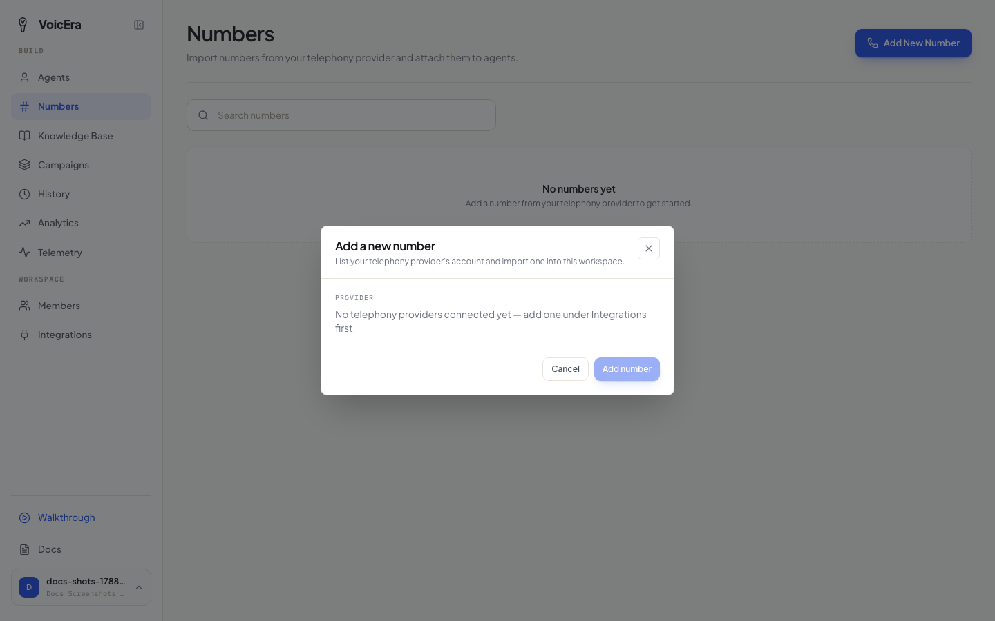 Add a new number, picking a telephony provider
