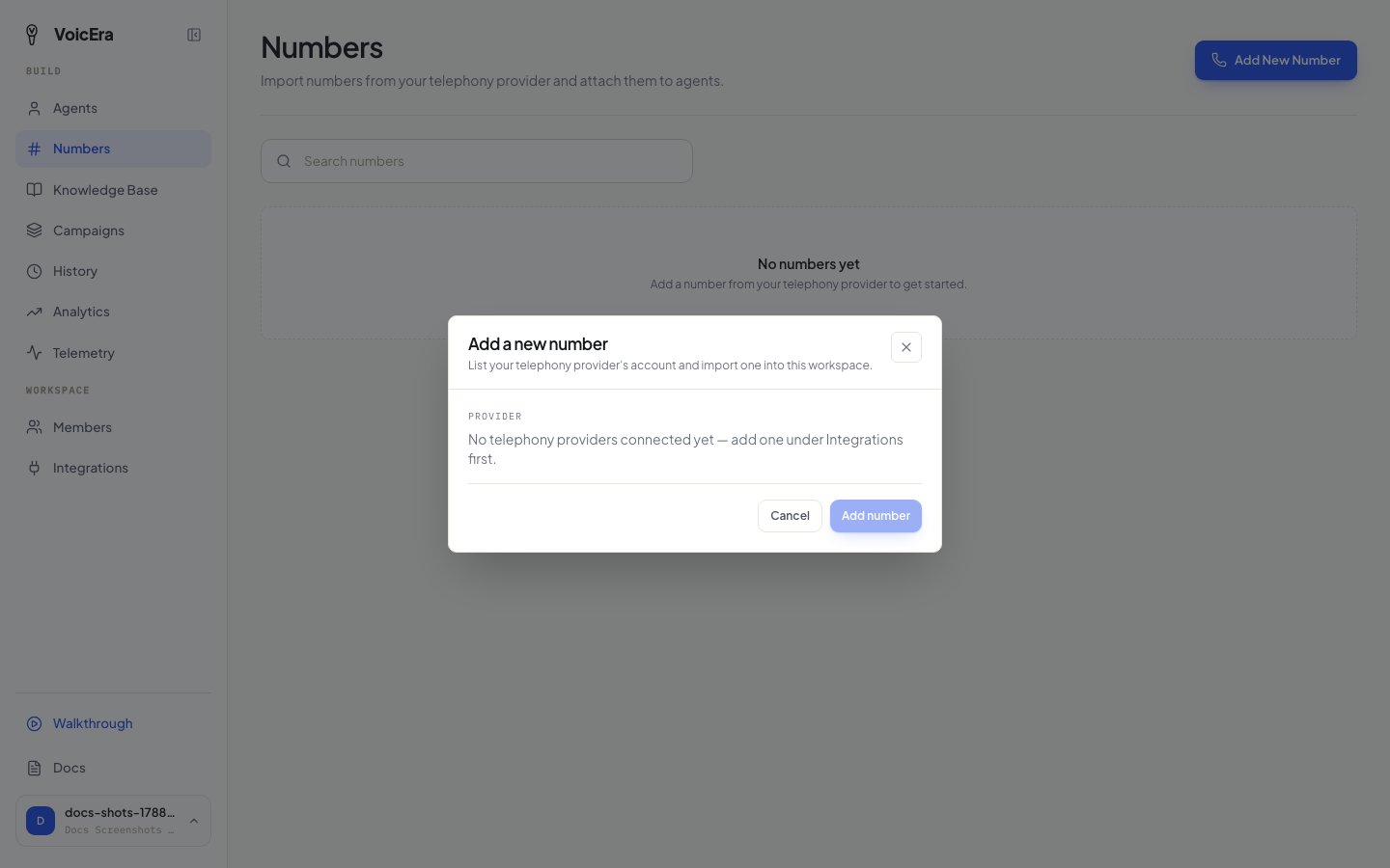Add a new number, picking a telephony provider