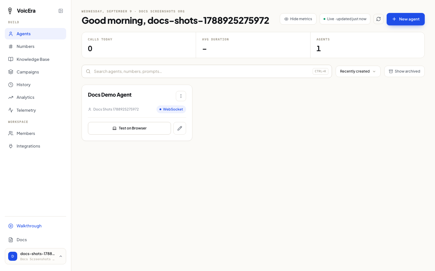 Agent card with a Test on Browser button