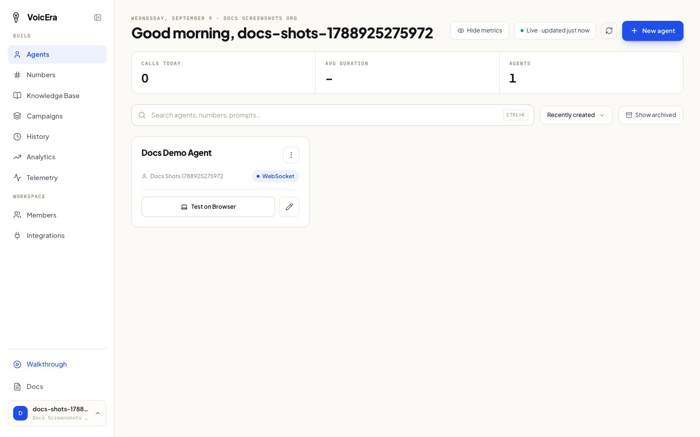 Agent card with a Test on Browser button