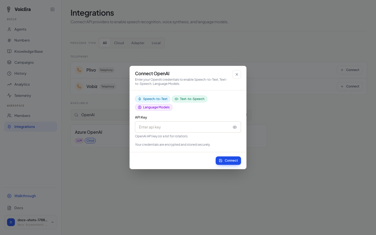 Connecting a provider with an API key