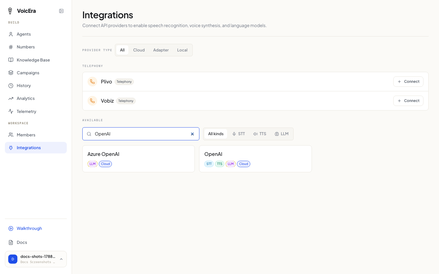Integrations page, searching for a vendor