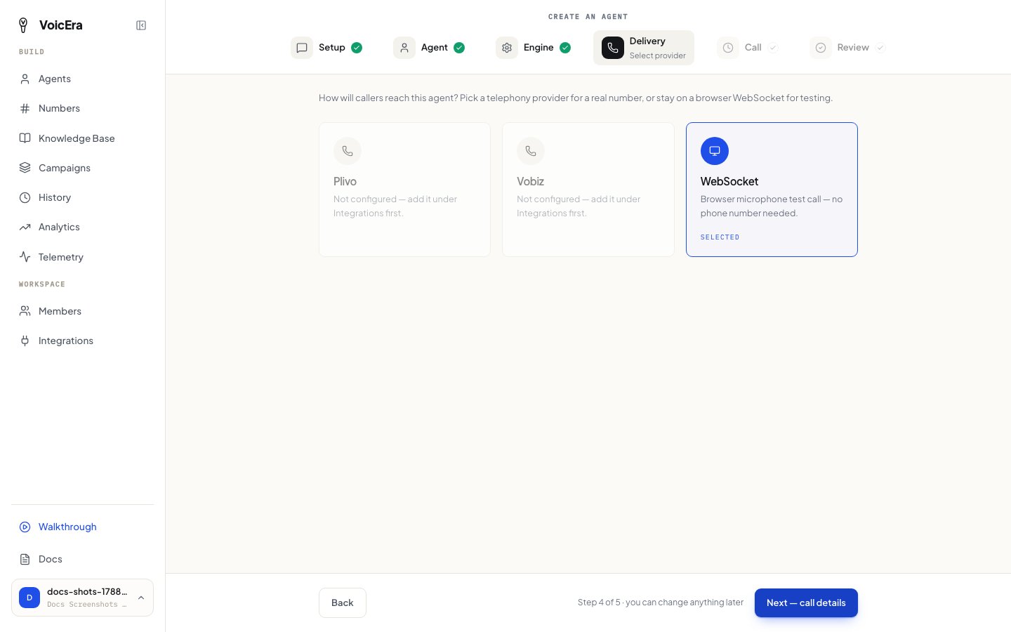 Delivery step: Plivo, Vobiz, or WebSocket