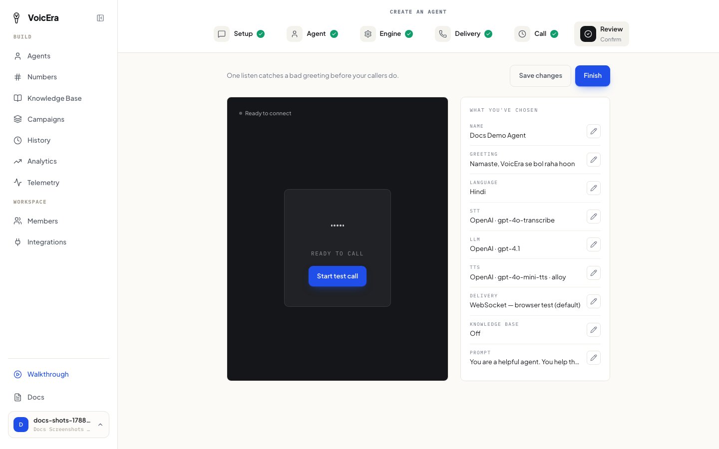 Review step, with a live test call ready to start