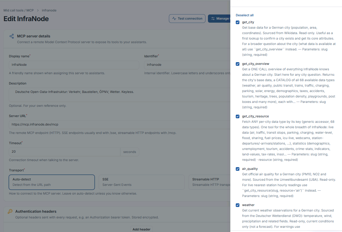 Manage tools panel showing tool descriptions, parameters and enable/disable toggles