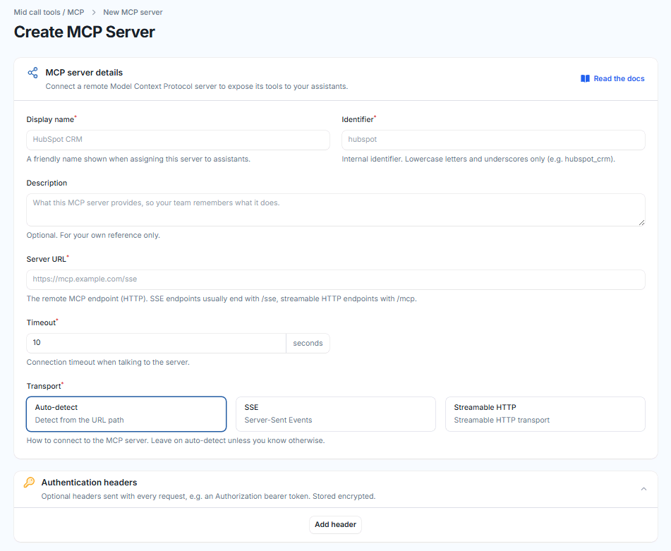 MCP server configuration form