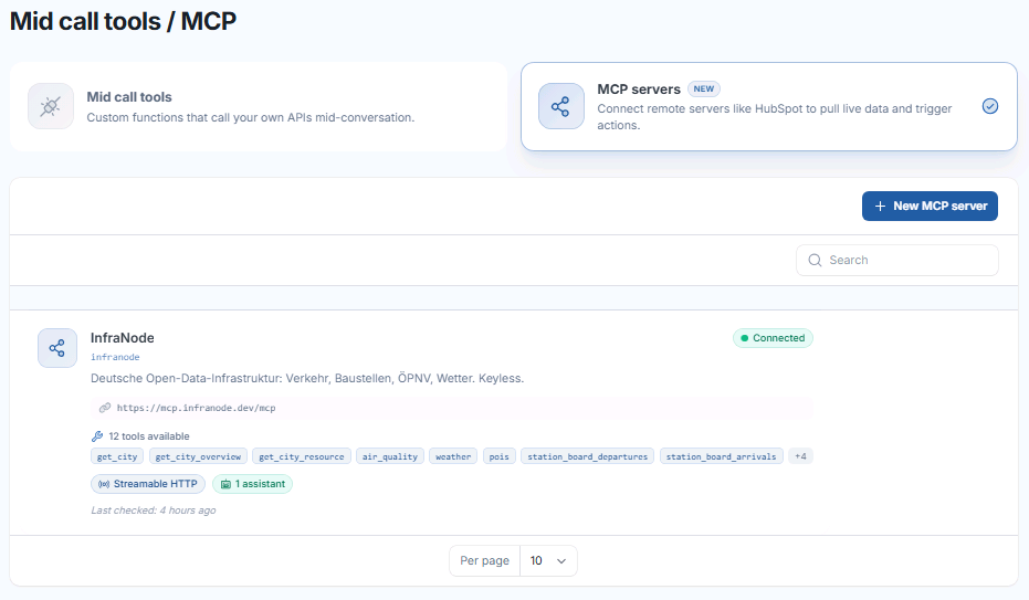 MCP servers list with connection status and discovered tools