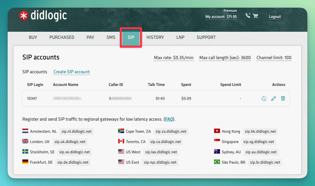 DIDLogic SIP tab showing accounts list