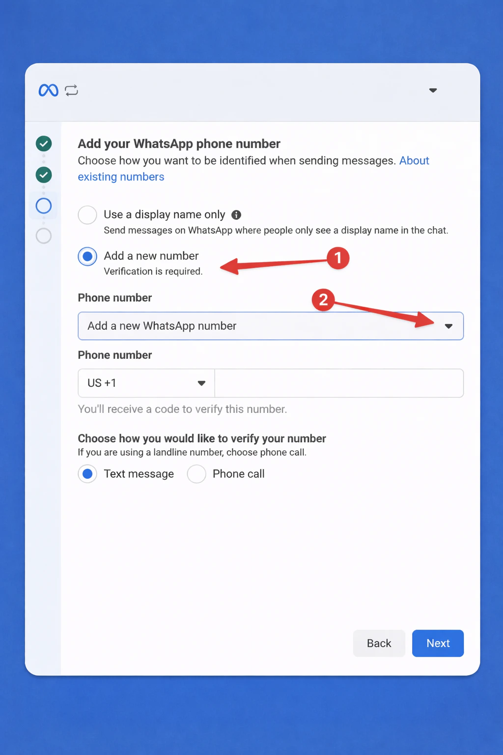 Click Add New Number in Meta signup