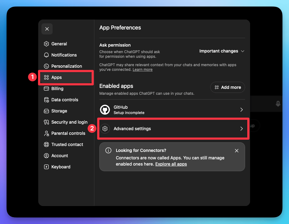 Open Apps then Advanced settings in ChatGPT