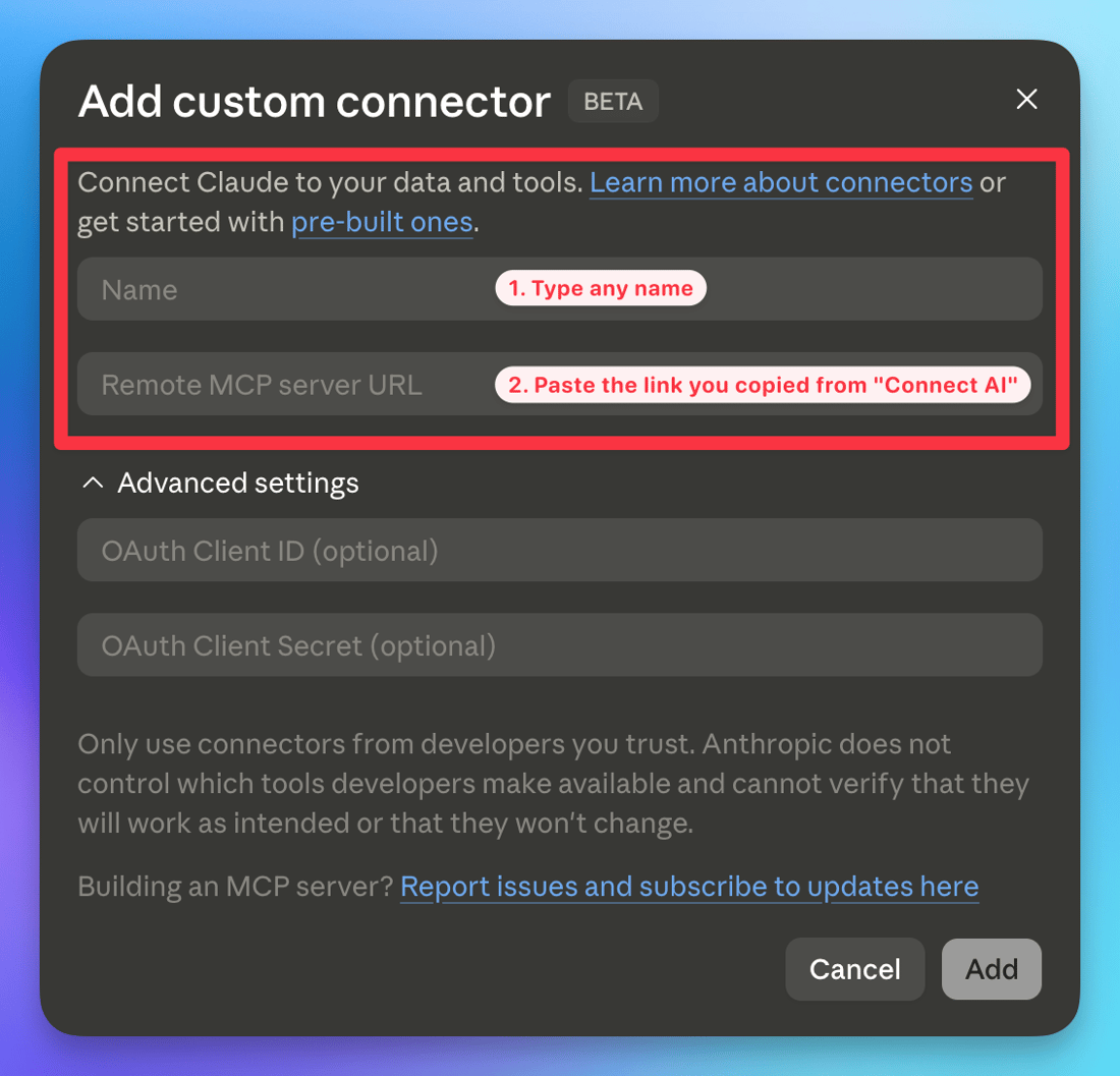 Paste the Voicery MCP URL in Claude