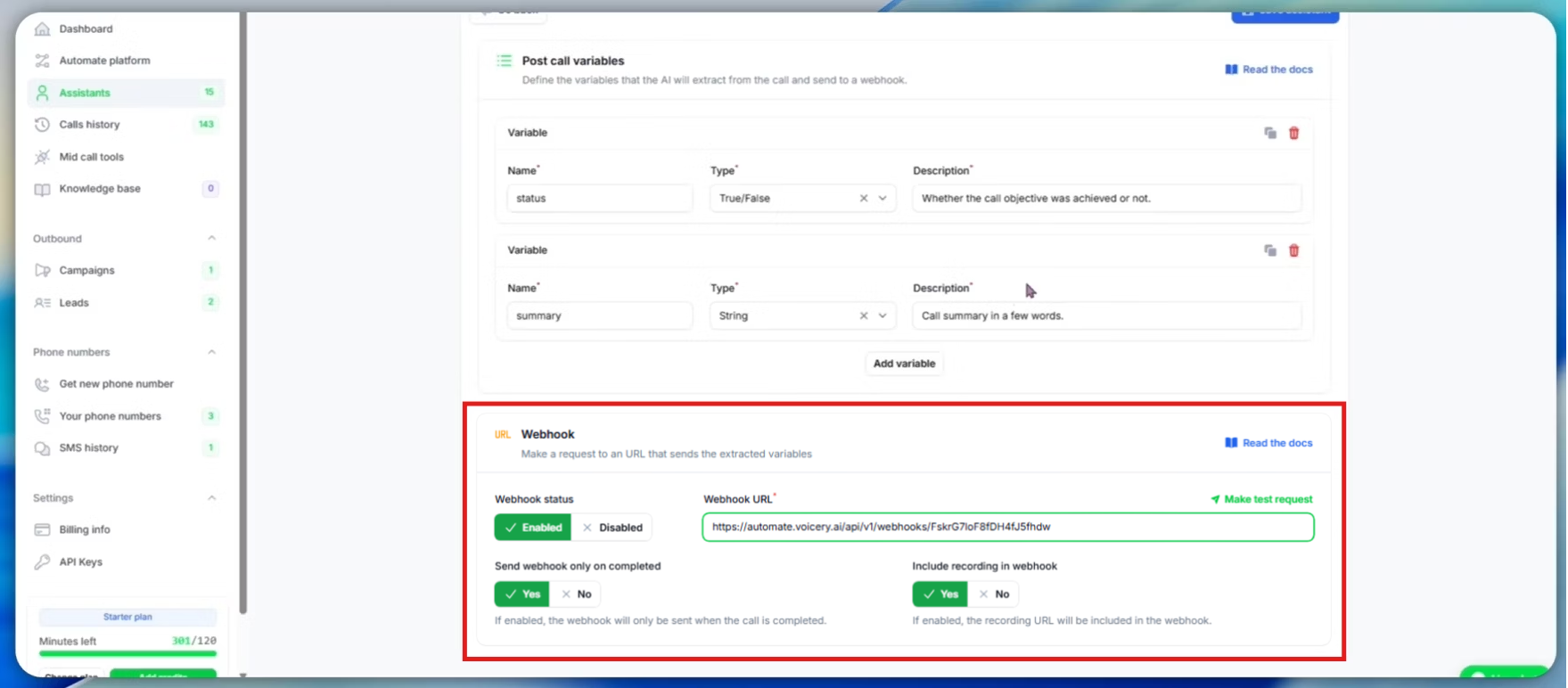 Webhook configuration settings