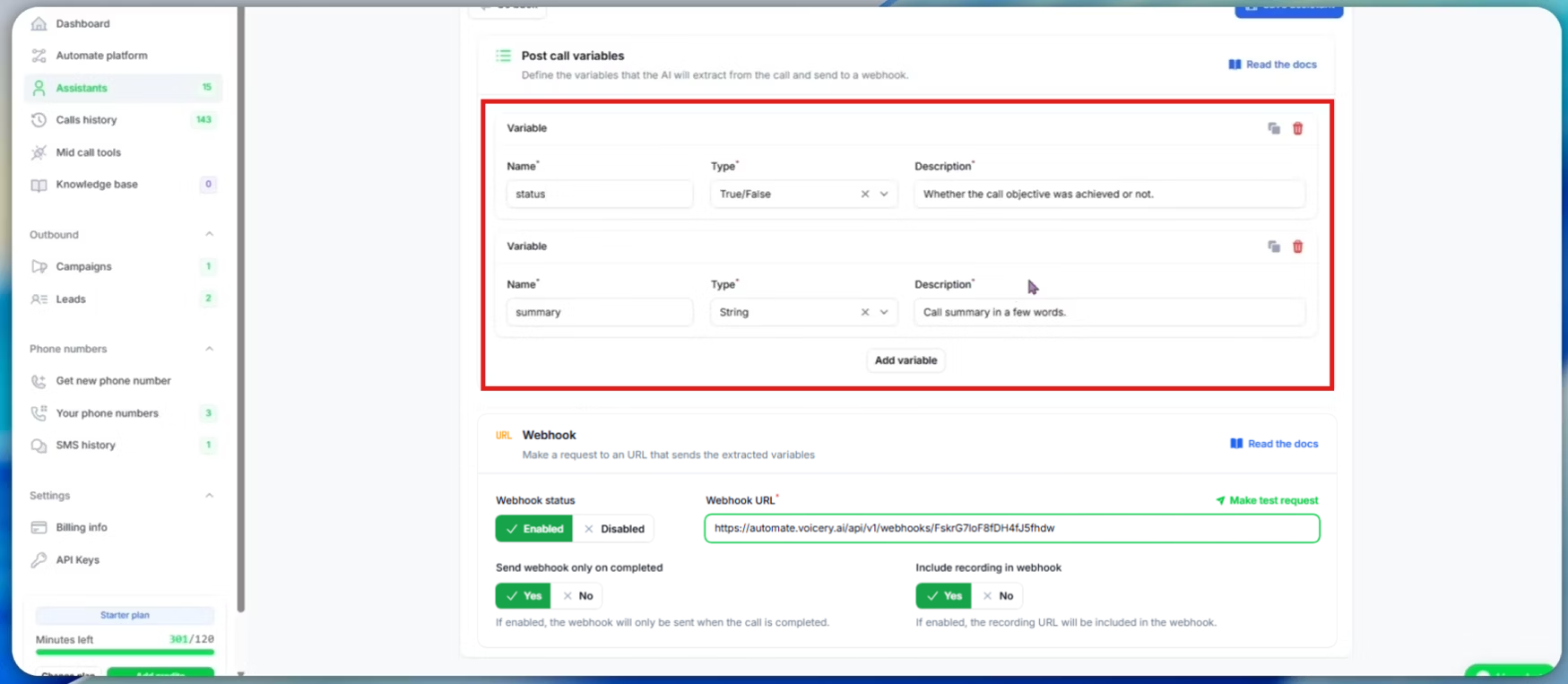 Post-call variables configuration