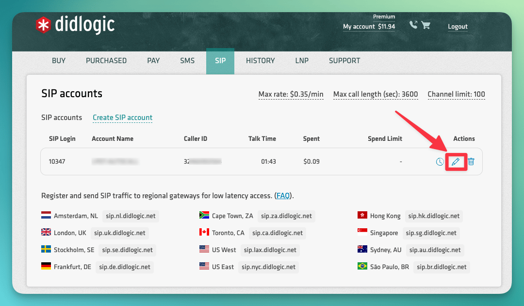 DIDLogic Edit SIP account