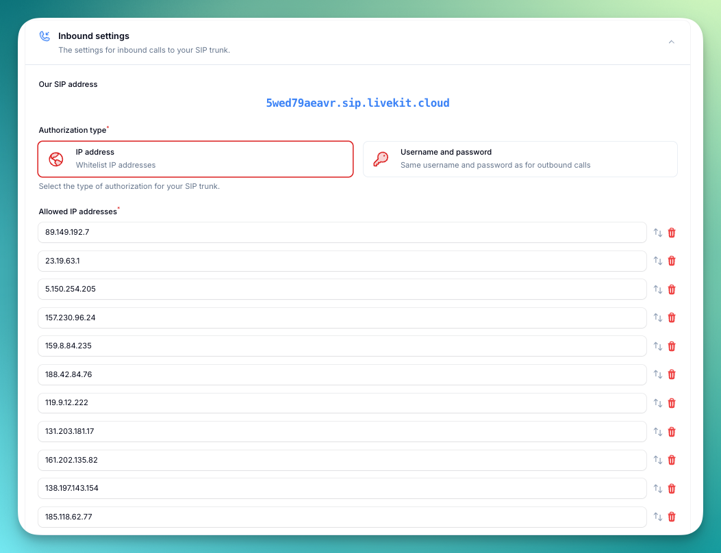 Inbound SIP settings