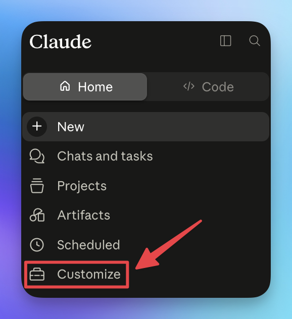 Open the Customize panel in Claude