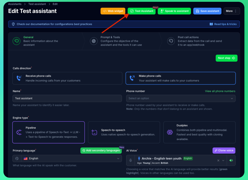 Test Assistant Button
