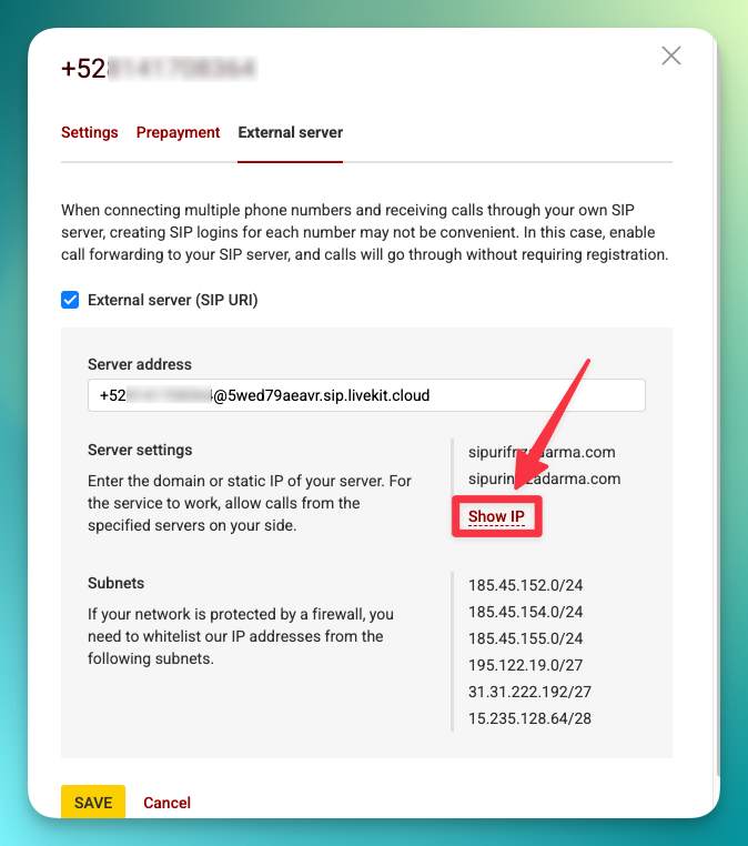 Zadarma PBX Show IP button