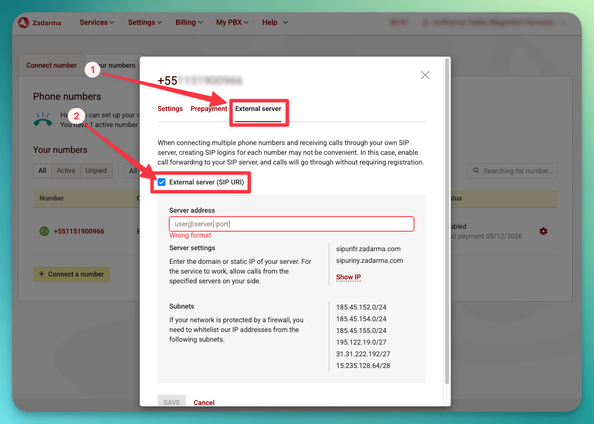 Zadarma SIP External Server SIP URI configuration