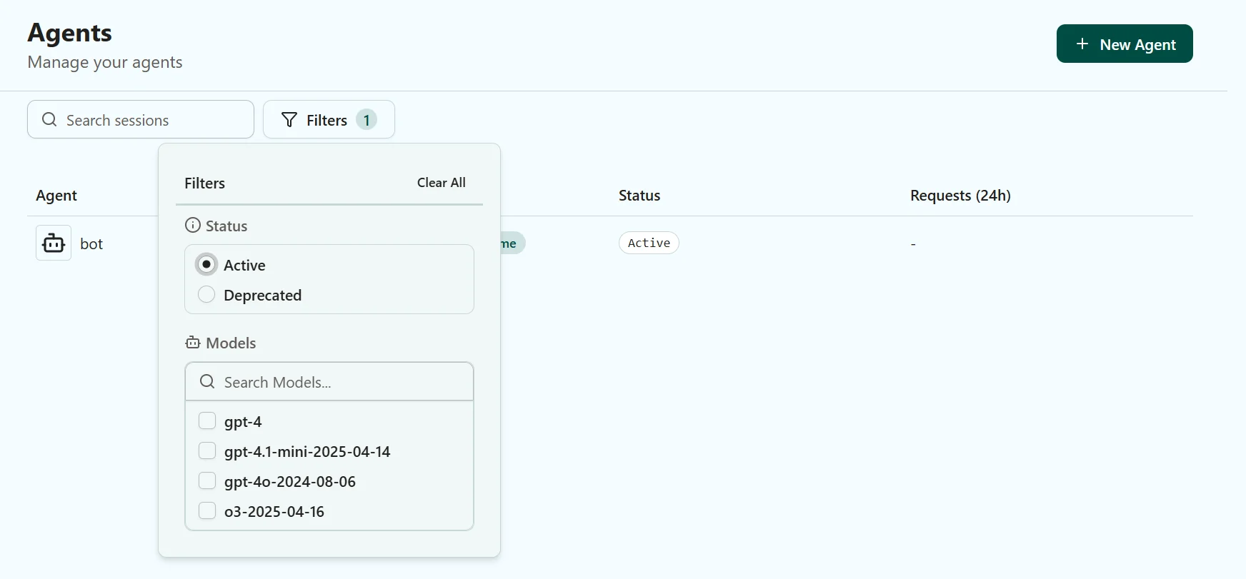Screenshot of the filter functionality on the Agent Aggregate page