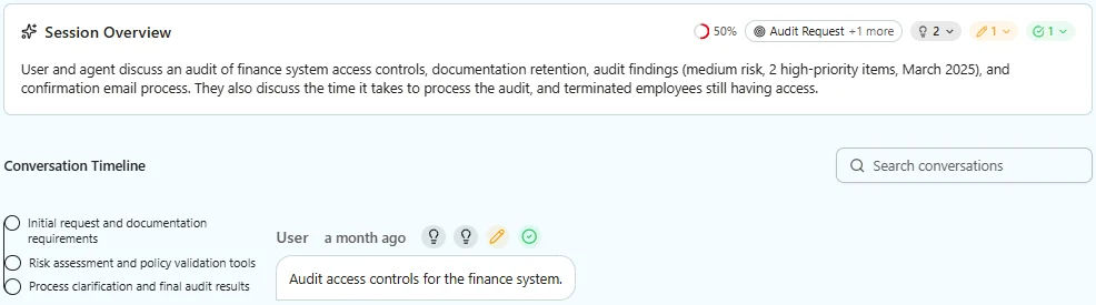 Screenshot of the Event Session details page showing Corrections, Intents, Resolutions, and Session Timeline