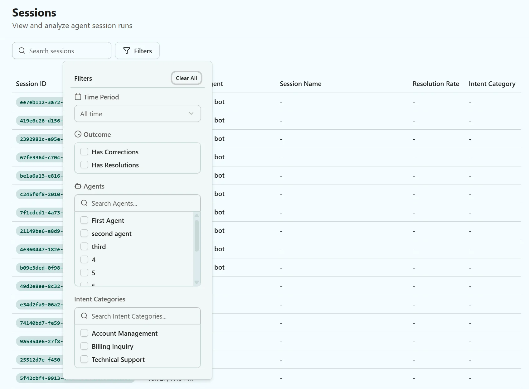 Screenshot of the filter functionality on the Event Sessions page