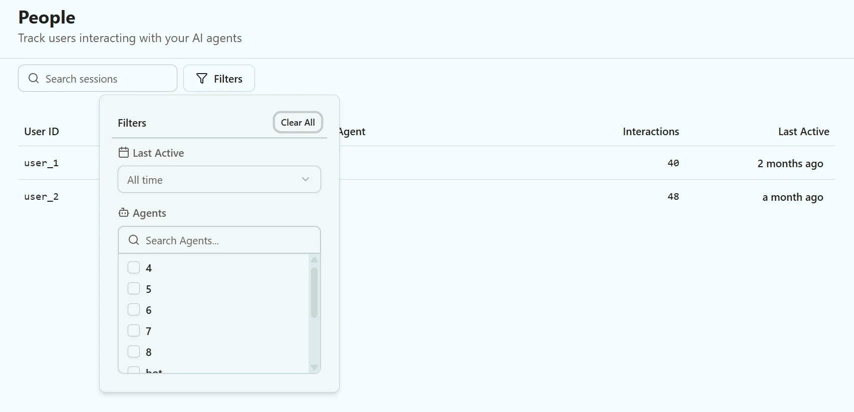 Screenshot of the filter functionality on the People page