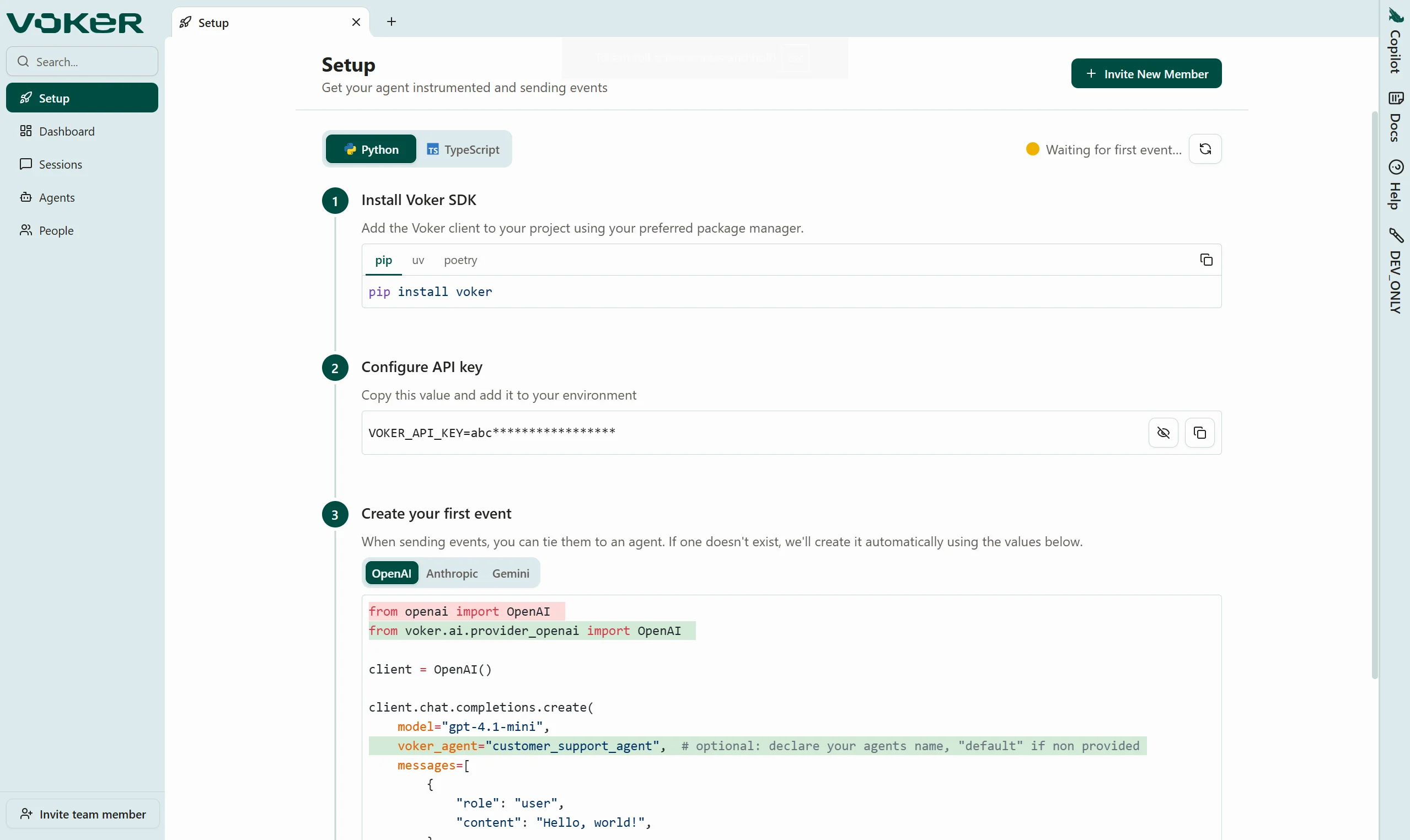 Screenshot of the SDK Setup page showing the step-by-step quickstart guide