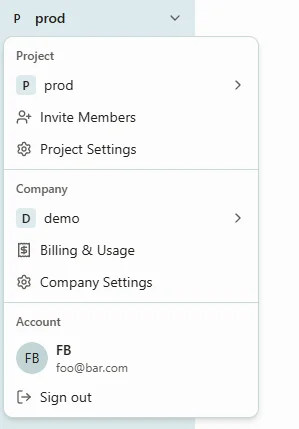Screenshot of the Dashboard page showing the new sidebar with company and project switcher