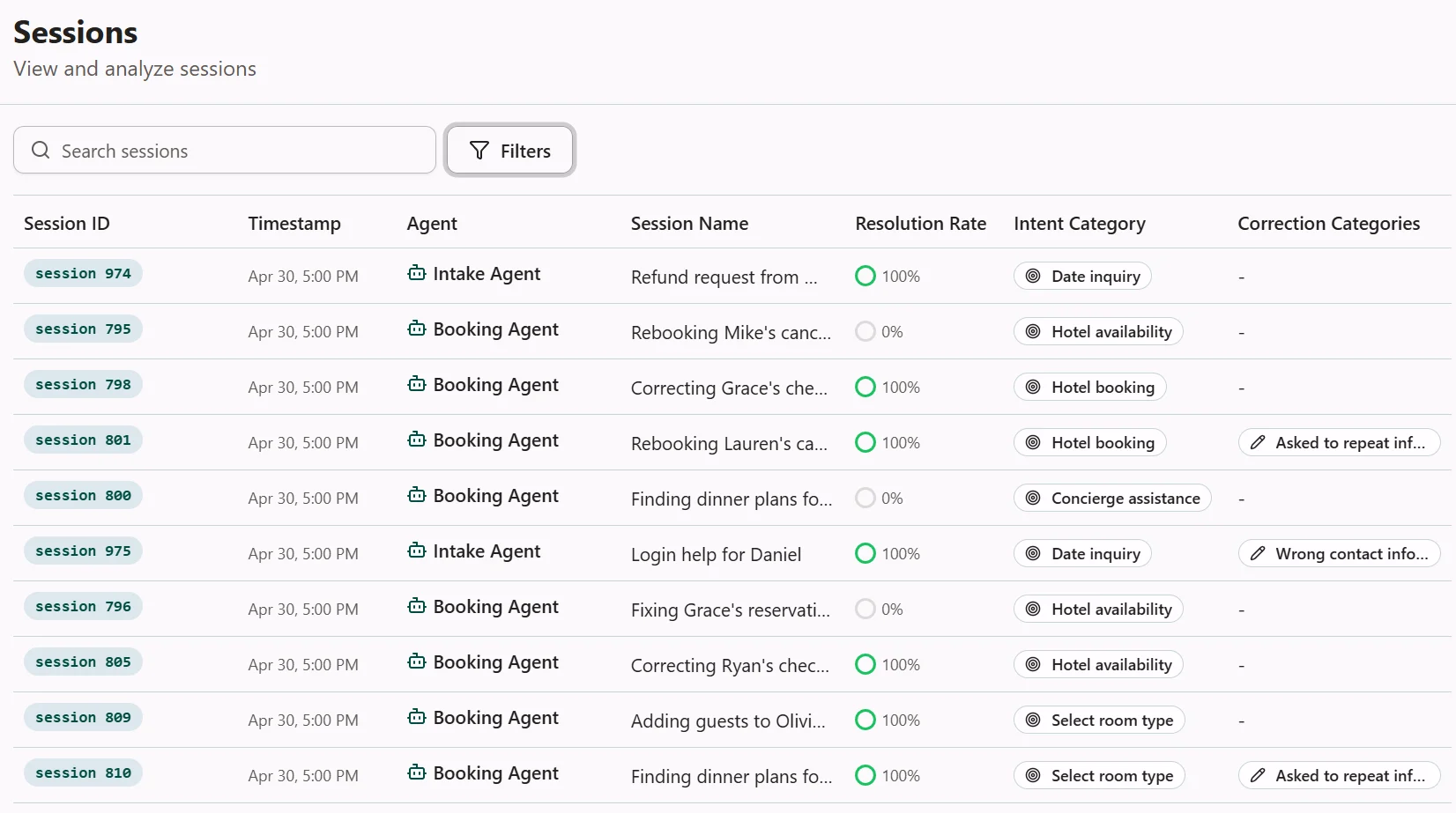 Screenshot of the Sessions Overview page showing the new Corrections Categories