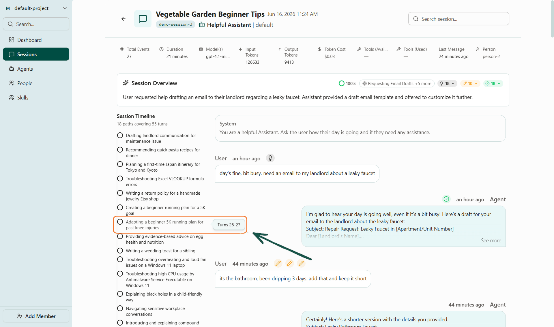 Screenshot of hovering over a session path in the Session Timeline on the Voker platform