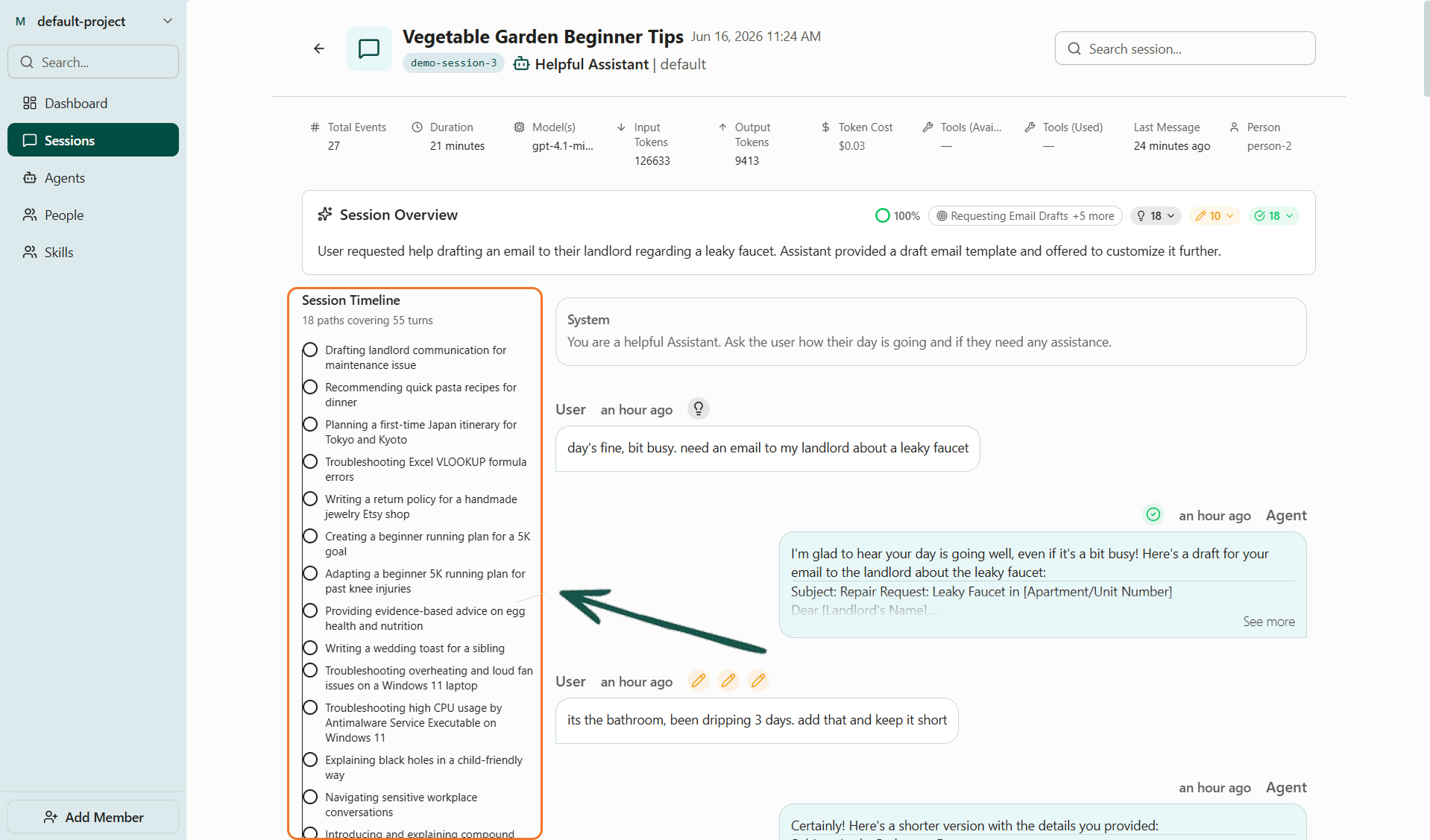 Screenshot of the session detail page on the Voker platform, with the Session Timeline highlighted
